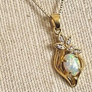 Gold Vermeil over Sterling Silver 925 CZ & Simulated Opal Pendant Chain Necklace